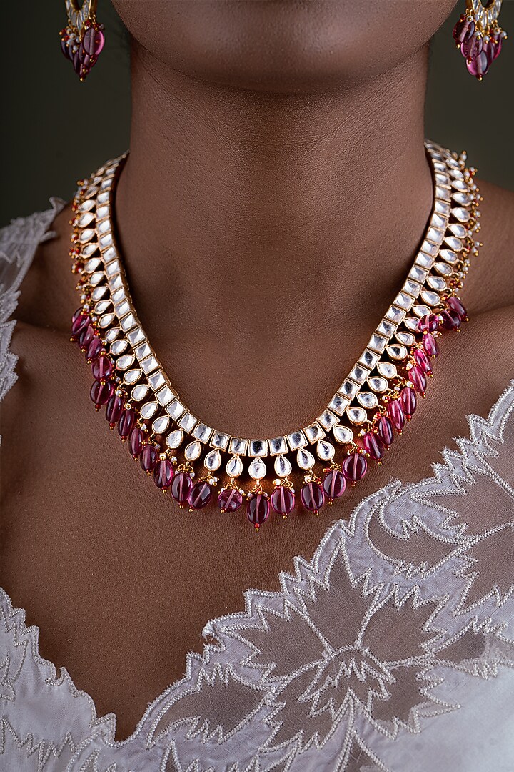Gold Plated Pink Kundan Polki Handcrafted Necklace Set In Sterling Silver by OSVAG INDIA at Pernia's Pop Up Shop