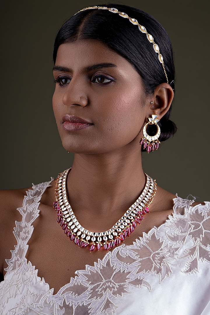 Gold Plated Pink Kundan Polki Handcrafted Necklace Set In Sterling Silver by OSVAG INDIA at Pernia's Pop Up Shop