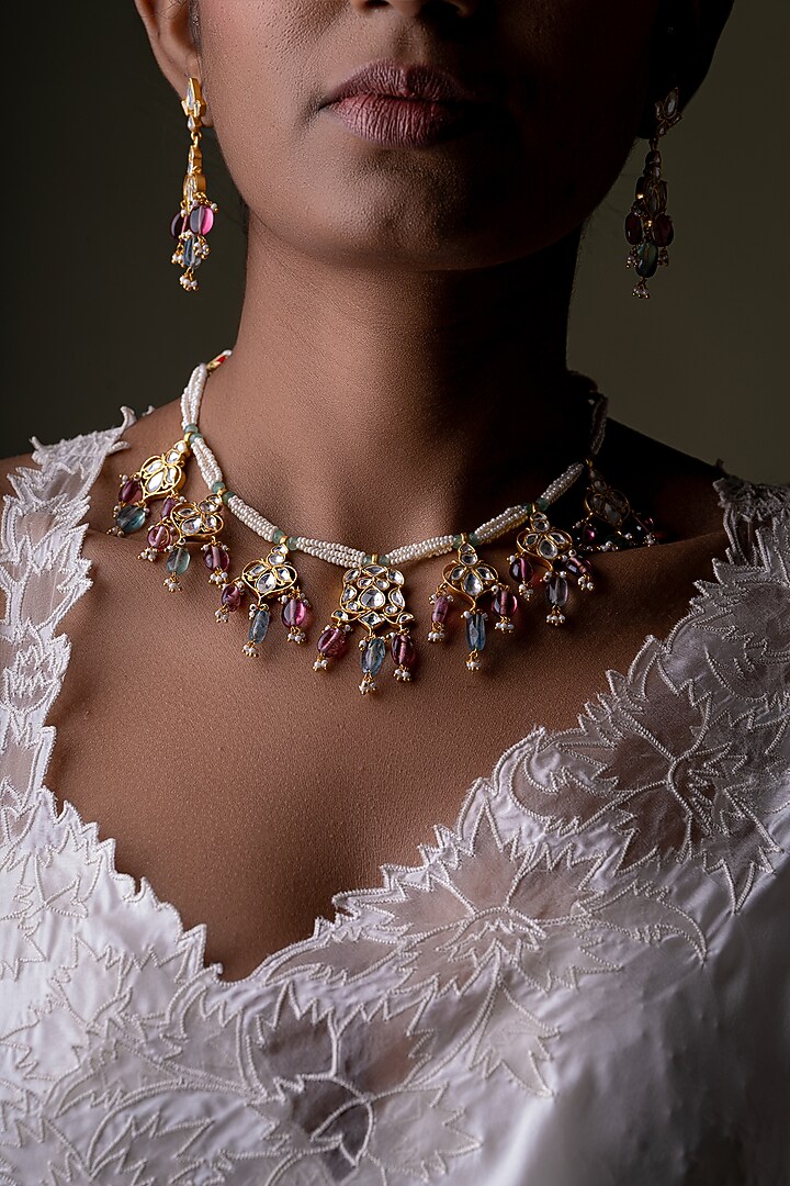 Gold Plated Multi-Colored Kundan Polki Necklace Set In Sterling Silver by OSVAG INDIA at Pernia's Pop Up Shop