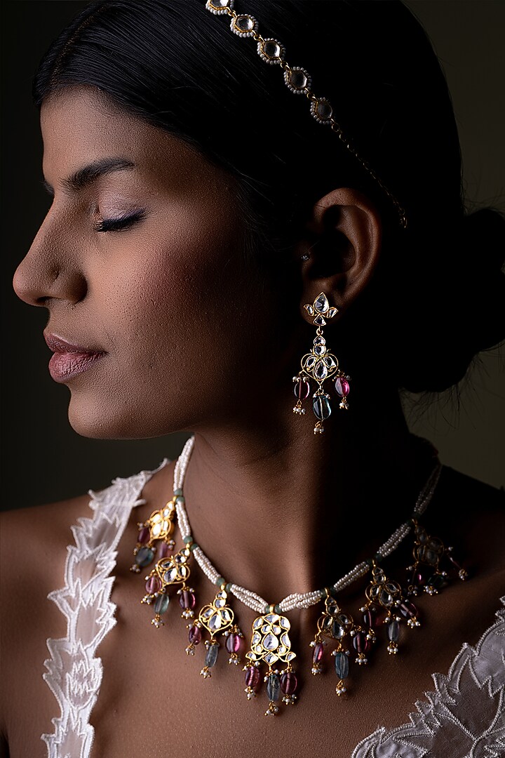 Gold Plated Multi-Colored Kundan Polki Necklace Set In Sterling Silver by OSVAG INDIA at Pernia's Pop Up Shop