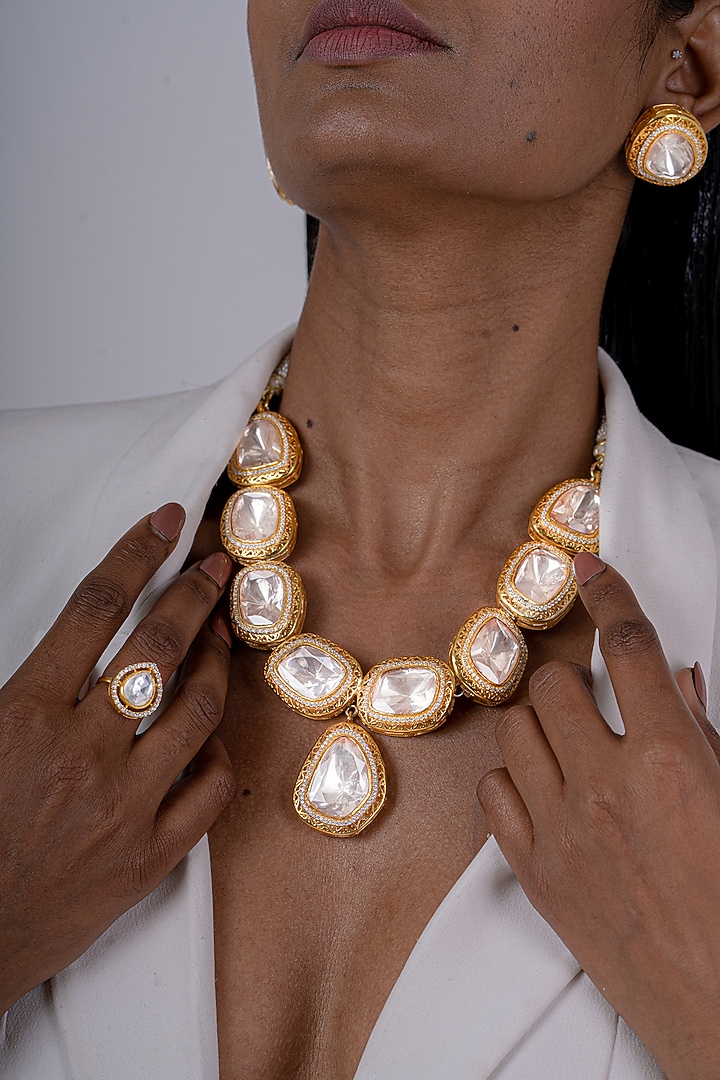 Gold Plated Kundan Polki Necklace Set In Sterling Silver by OSVAG INDIA at Pernia's Pop Up Shop