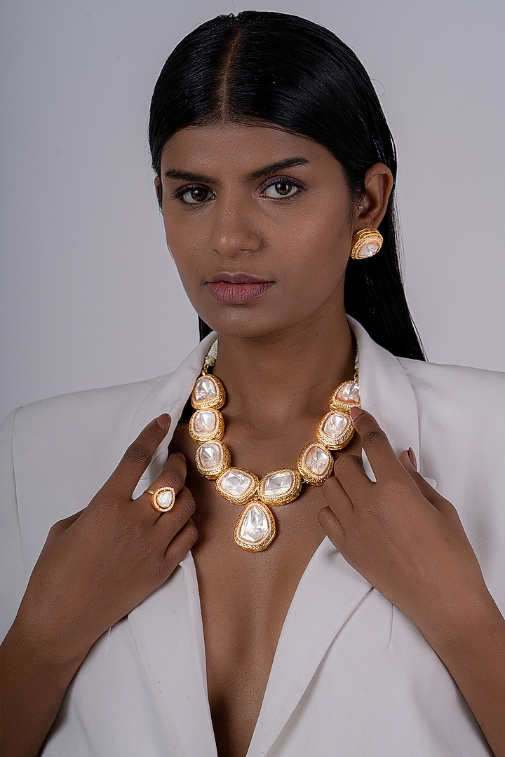 Gold Plated Kundan Polki Necklace Set In Sterling Silver by OSVAG INDIA at Pernia's Pop Up Shop