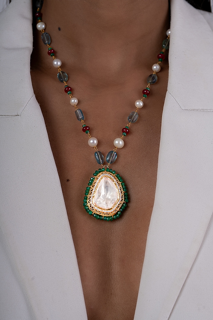 Gold Plated Kundan Polki Necklace In Sterling Silver by OSVAG INDIA at Pernia's Pop Up Shop