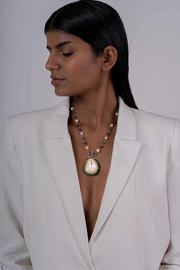 Gold Plated Kundan Polki Necklace In Sterling Silver by OSVAG INDIA at Pernia's Pop Up Shop