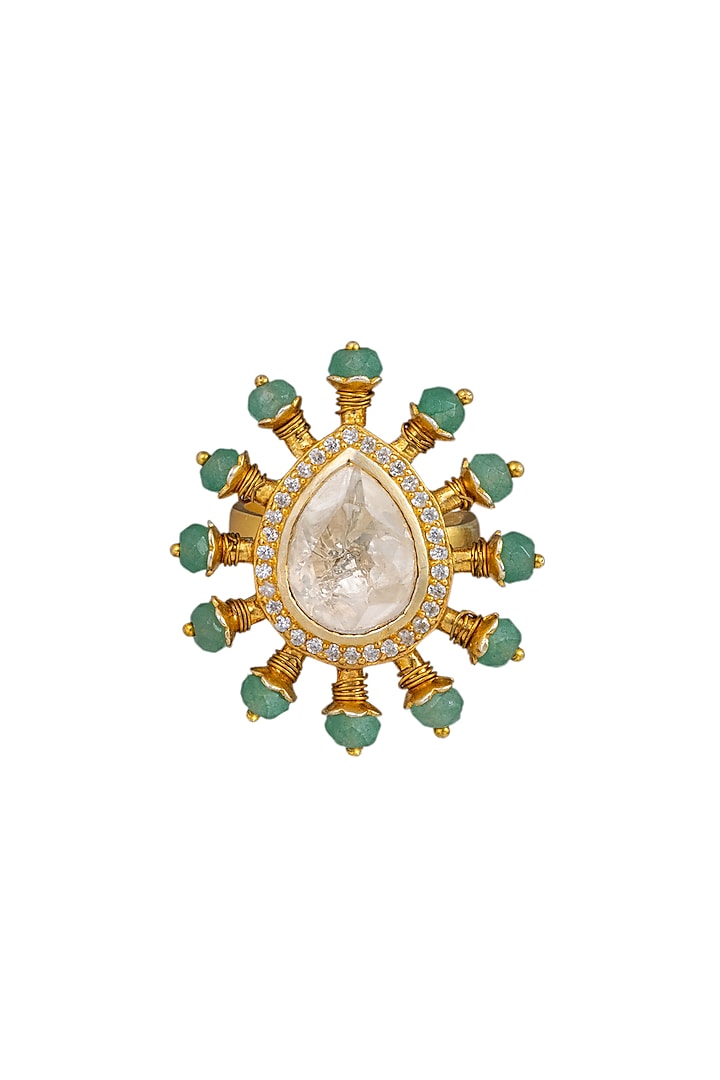 Gold Plated Kundan Polki Ring In Sterling Silver by OSVAG INDIA