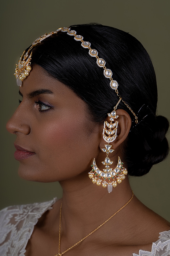 Gold Plated Kundan Polki Chandbaali Earrings In Sterling Silver by OSVAG INDIA