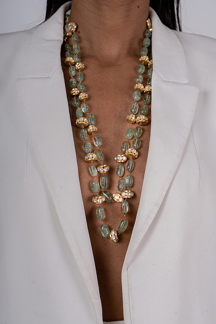 Gold Plated Kundan Polki Necklace Set In Sterling Silver by OSVAG INDIA at Pernia's Pop Up Shop