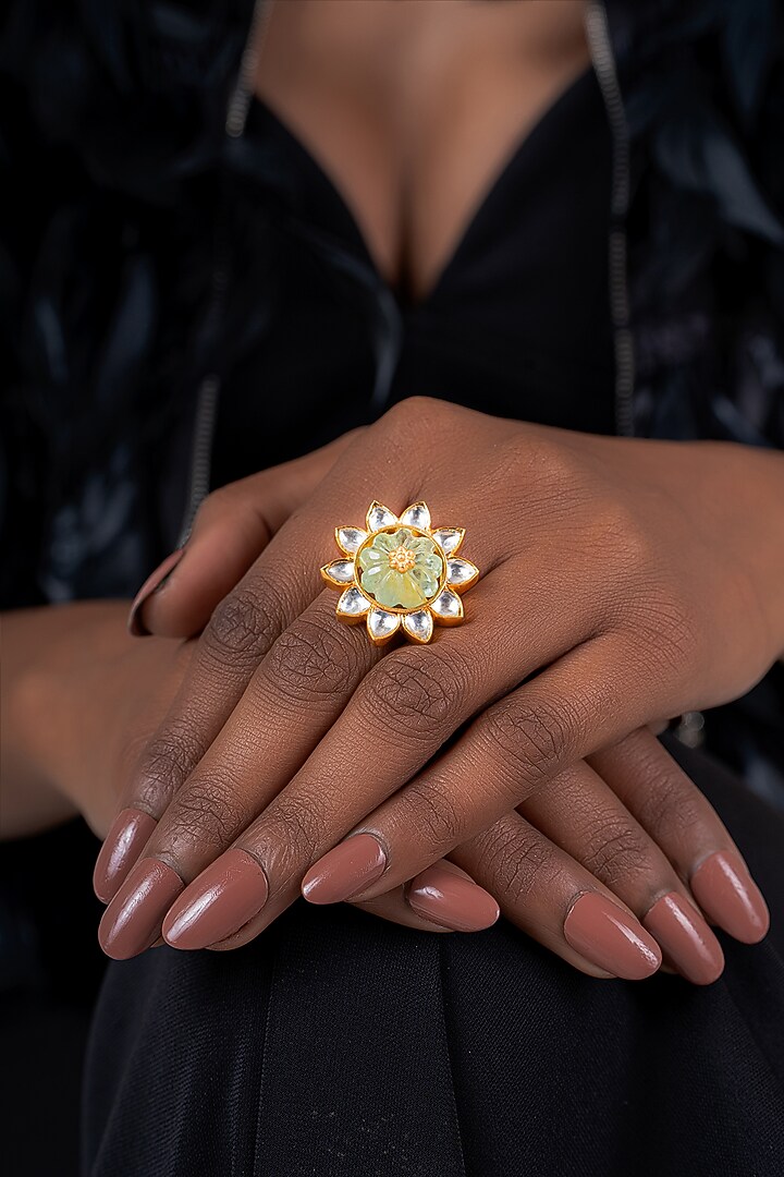Gold Plated Kundan Polki Ring In Sterling Silver by OSVAG INDIA at Pernia's Pop Up Shop