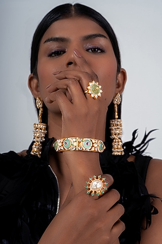 Gold Plated Kundan Polki Ring In Sterling Silver by OSVAG INDIA