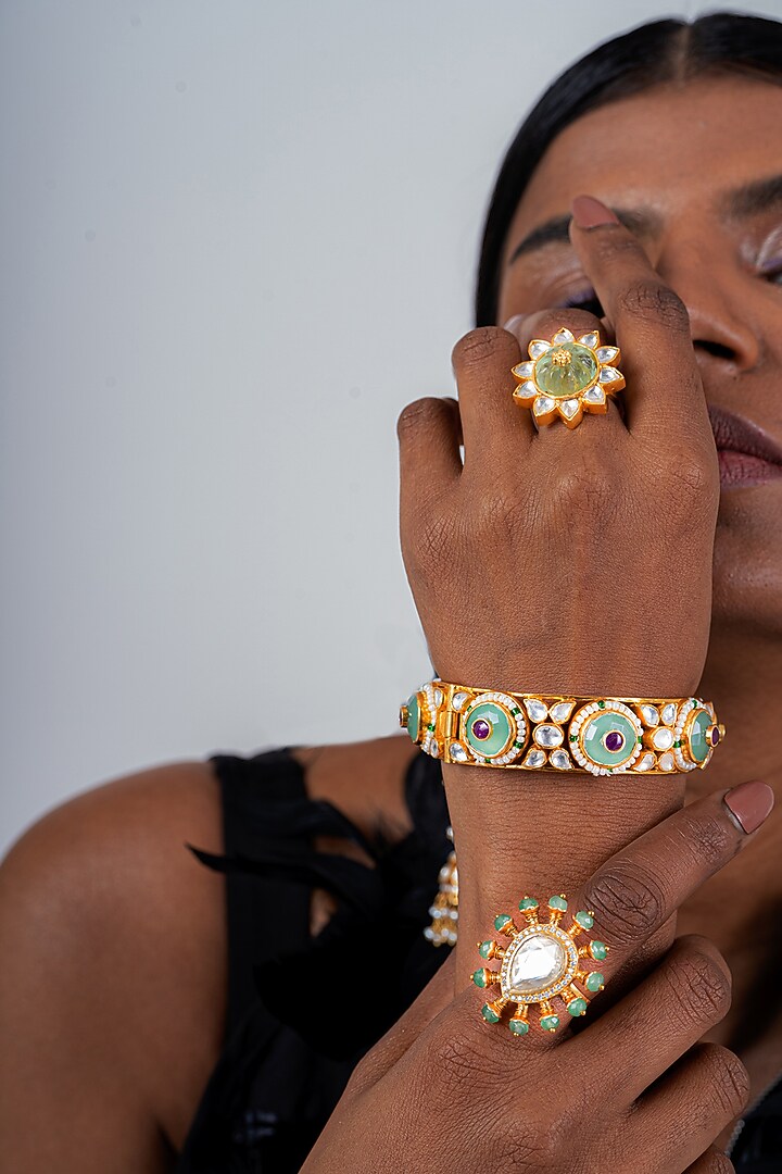 Gold Plated Kundan Polki Ring In Sterling Silver by OSVAG INDIA at Pernia's Pop Up Shop