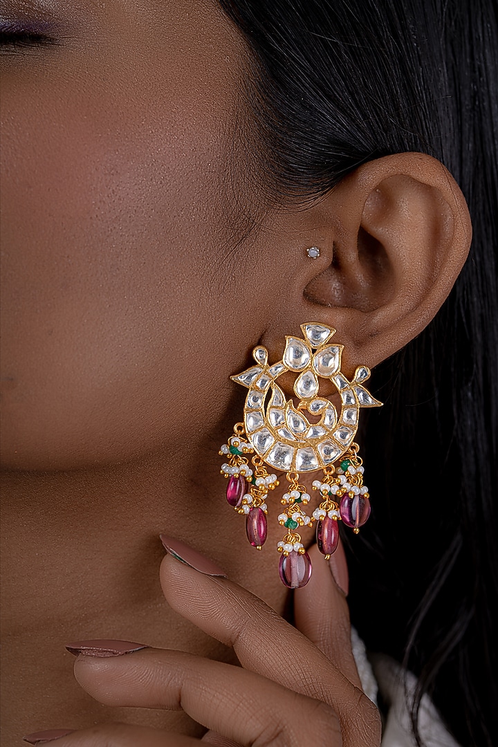 Gold Plated Kundan Polki Chandbaali Earrings In Sterling Silver by OSVAG INDIA at Pernia's Pop Up Shop
