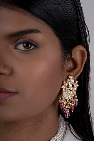 Gold Plated Kundan Polki Chandbaali Earrings In Sterling Silver by OSVAG INDIA