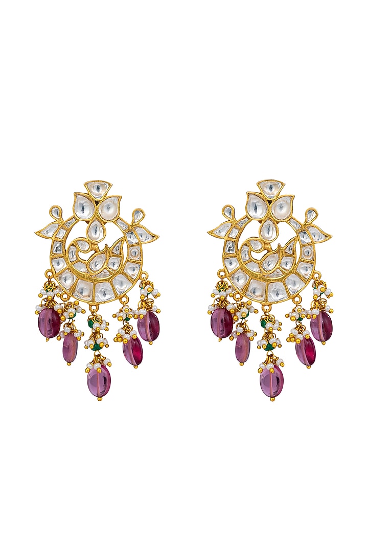Gold Plated Kundan Polki Chandbaali Earrings In Sterling Silver by OSVAG INDIA at Pernia's Pop Up Shop