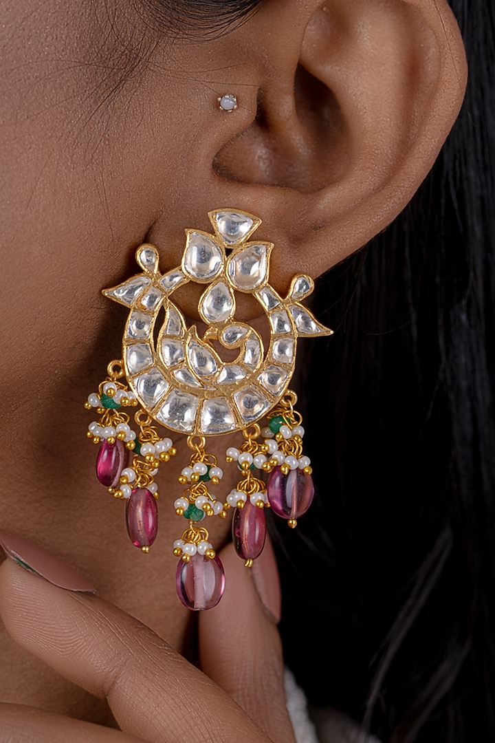 Gold Plated Kundan Polki Chandbaali Earrings In Sterling Silver by OSVAG INDIA at Pernia's Pop Up Shop
