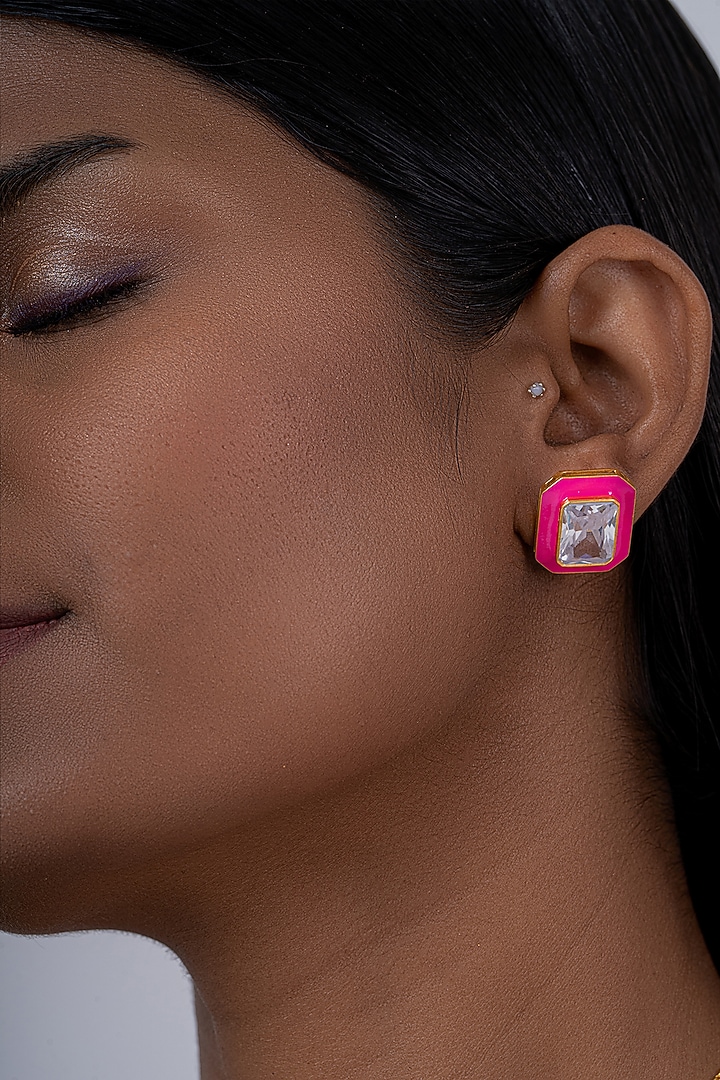 Gold Plated Synthetic Stone Stud Earrings In Sterling Silver by OSVAG INDIA at Pernia's Pop Up Shop