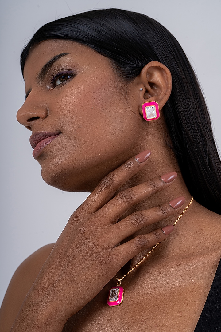 Gold Plated Synthetic Stone Stud Earrings In Sterling Silver by OSVAG INDIA at Pernia's Pop Up Shop