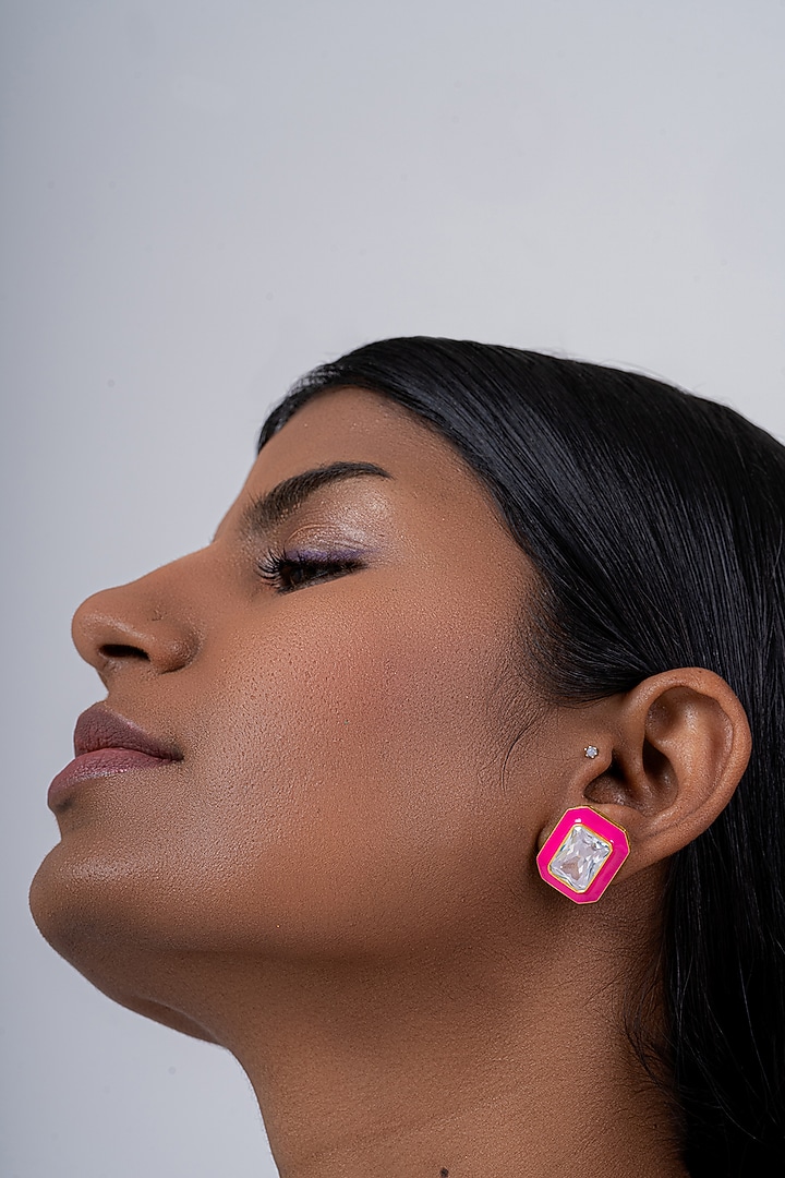 Gold Plated Synthetic Stone Stud Earrings In Sterling Silver by OSVAG INDIA at Pernia's Pop Up Shop