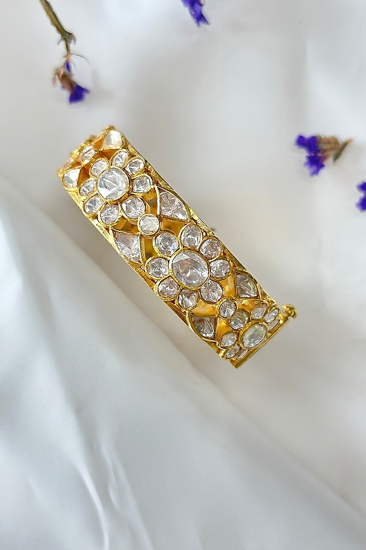 Gold Plated Kundan Polki Handcrafted Bangle In Sterling Silver by OSVAG INDIA at Pernia's Pop Up Shop