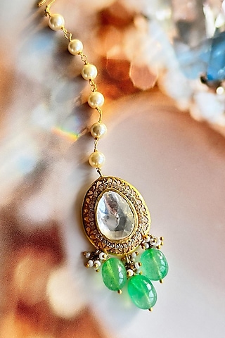 Gold Plated Green Kundan Polki Handcrafted Maangtikka In Sterling Silver by OSVAG INDIA