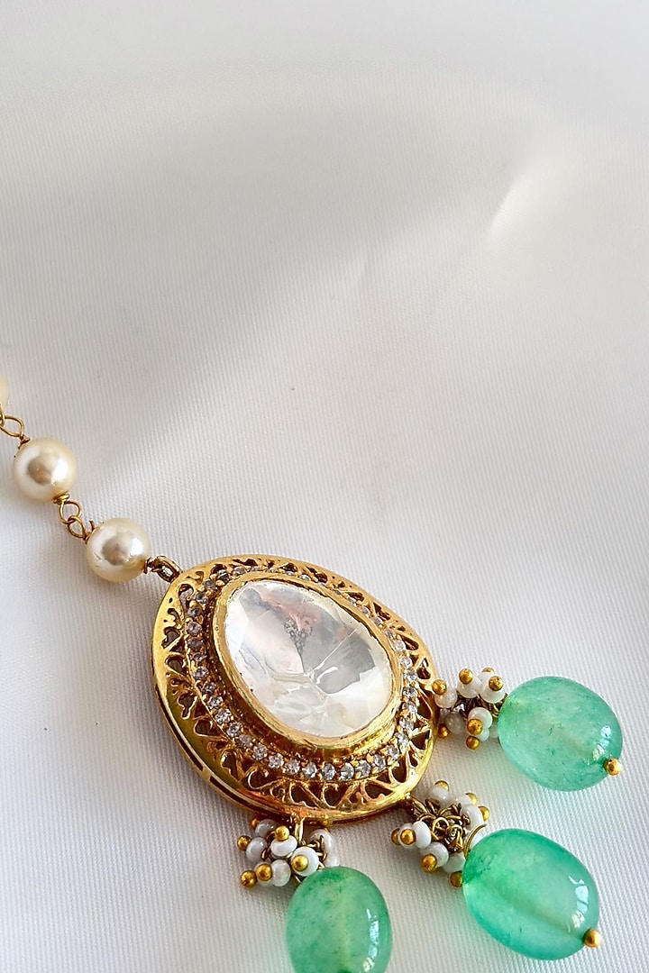 Gold Plated Green Kundan Polki Handcrafted Maangtikka In Sterling Silver by OSVAG INDIA at Pernia's Pop Up Shop