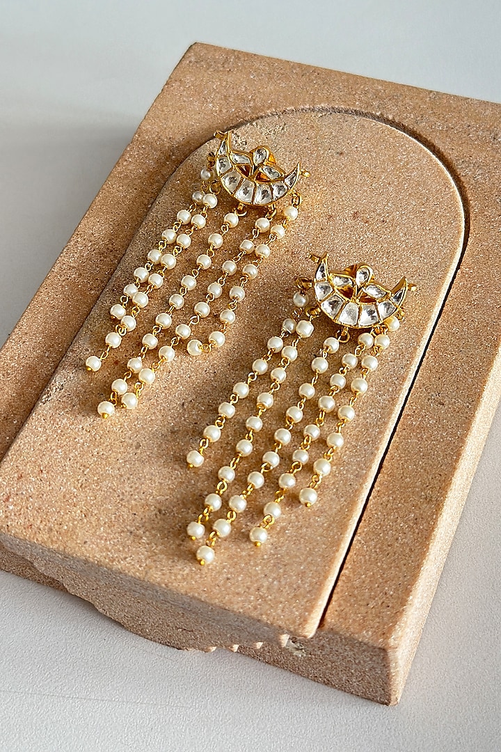 Gold Plated Kundan Polki Dangler Earrings In Sterling Silver by OSVAG INDIA at Pernia's Pop Up Shop