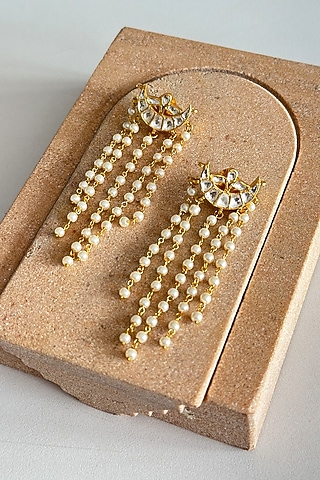 Gold Plated Kundan Polki Dangler Earrings In Sterling Silver by OSVAG INDIA