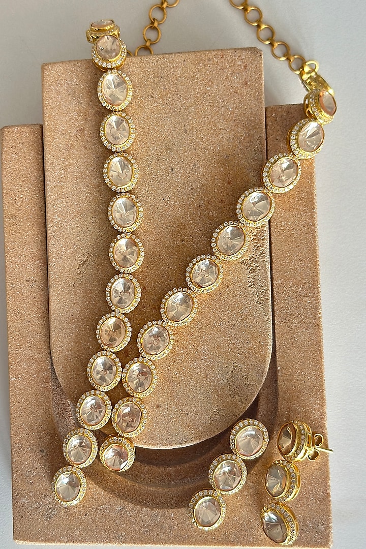 Gold Plated Kundan Polki Handcrafted Long Necklace Set In Sterling Silver by OSVAG INDIA at Pernia's Pop Up Shop