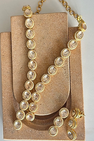 Gold Plated Kundan Polki Handcrafted Long Necklace Set In Sterling Silver by OSVAG INDIA