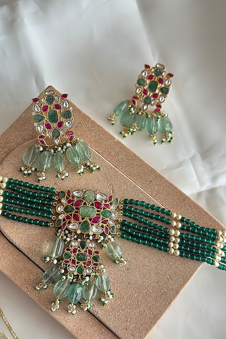 Gold Plated Green Kundan Polki Handcrafted Choker Necklace Set In Sterling Silver by OSVAG INDIA at Pernia's Pop Up Shop