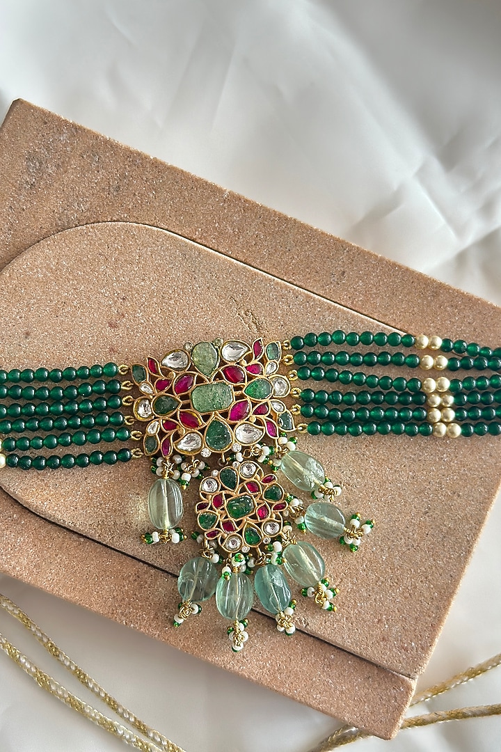 Gold Plated Green Kundan Polki Handcrafted Choker Necklace Set In Sterling Silver by OSVAG INDIA at Pernia's Pop Up Shop
