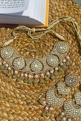 Gold Plated Cream Kundan Polki Handcrafted Choker Necklace Set In Sterling Silver by OSVAG INDIA