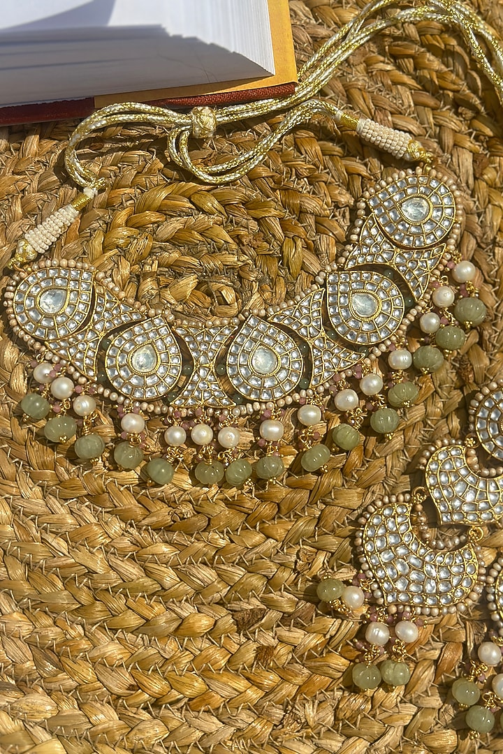 Gold Plated Cream Kundan Polki Handcrafted Choker Necklace Set In Sterling Silver by OSVAG INDIA at Pernia's Pop Up Shop