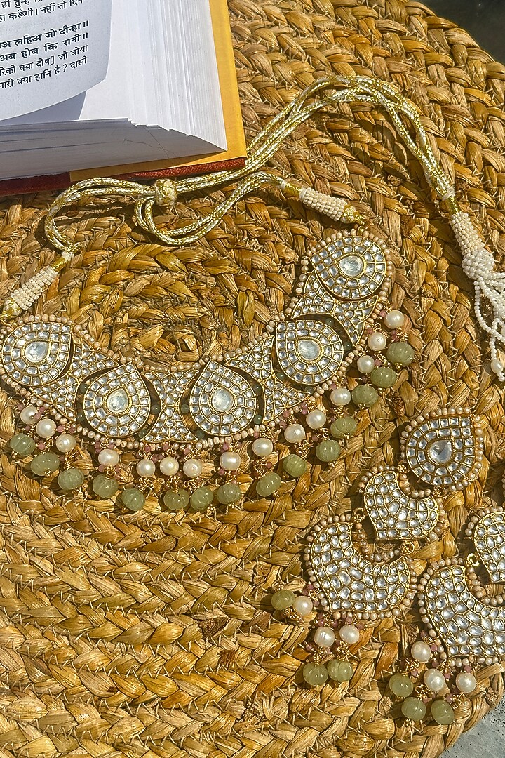 Gold Plated Cream Kundan Polki Handcrafted Choker Necklace Set In Sterling Silver by OSVAG INDIA at Pernia's Pop Up Shop