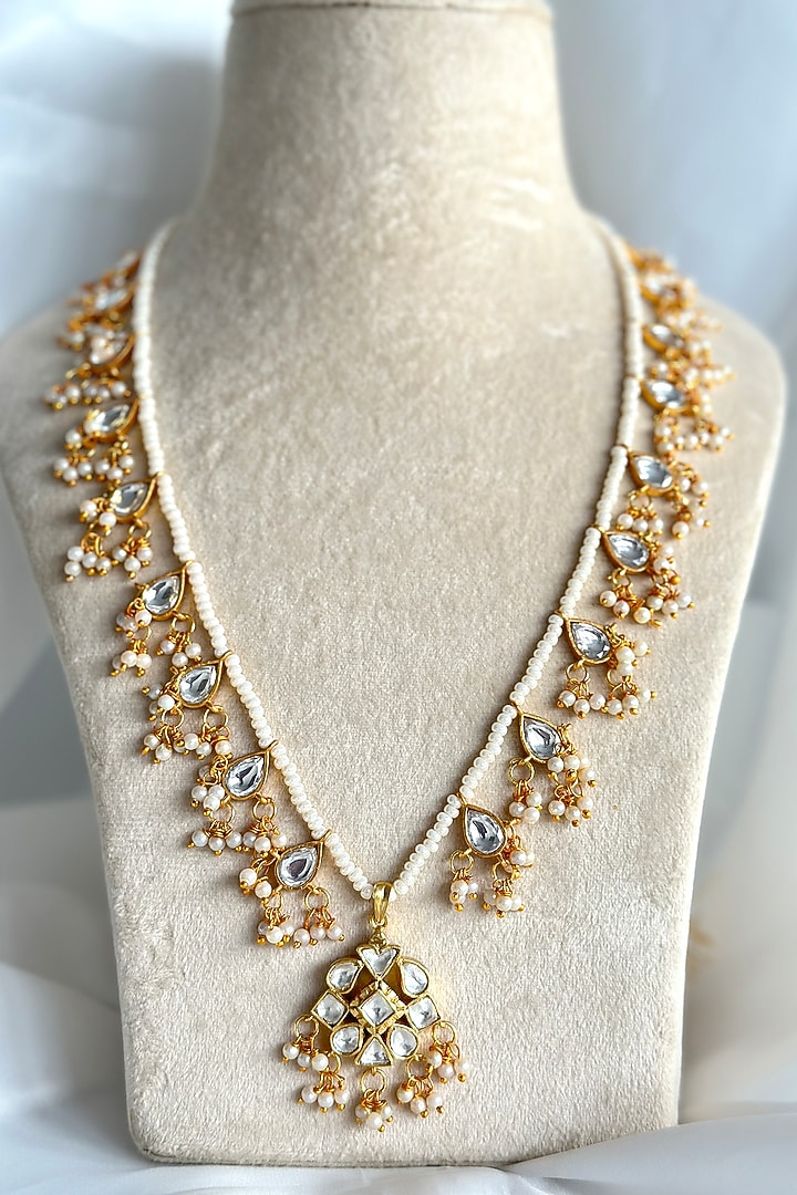 Gold Plated Kundan Polki Long Necklace In Sterling Silver by OSVAG INDIA at Pernia's Pop Up Shop