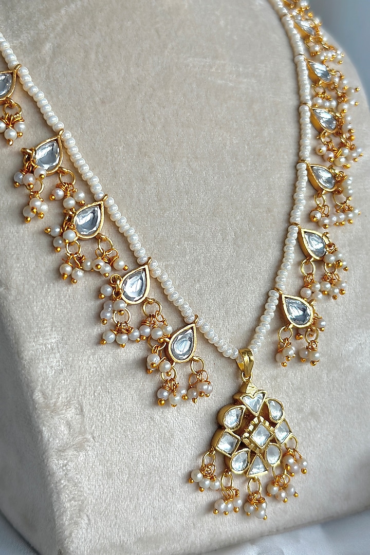 Gold Plated Kundan Polki Long Necklace In Sterling Silver by OSVAG INDIA at Pernia's Pop Up Shop