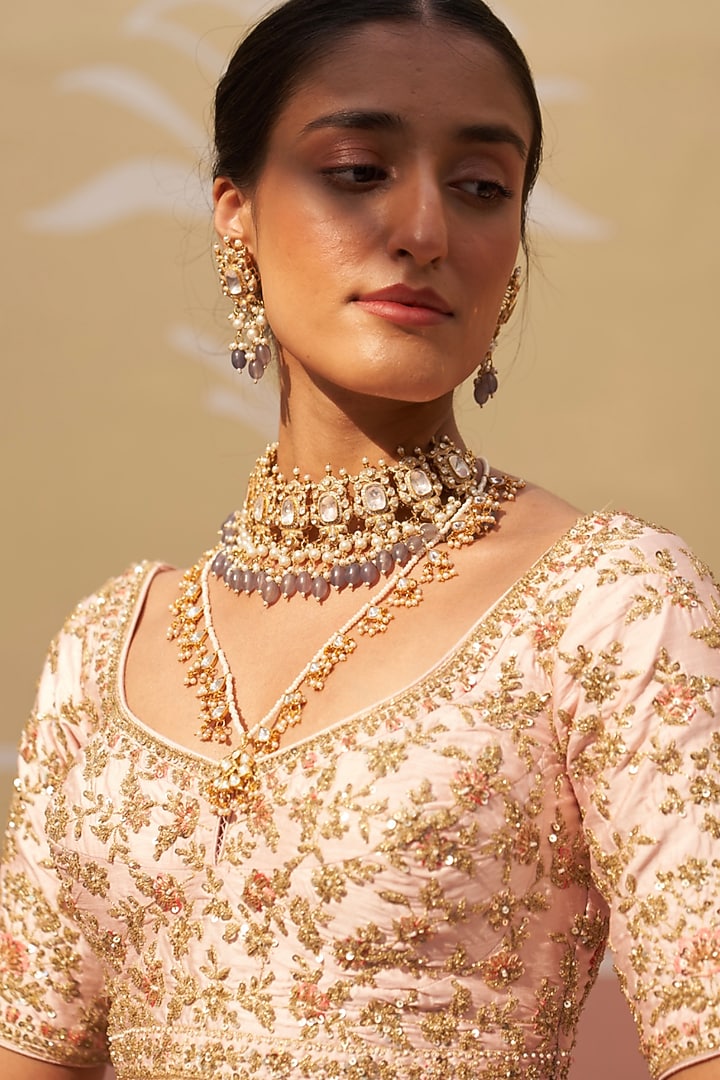 Gold Plated Kundan Polki Choker Necklace Set In Sterling Silver by OSVAG INDIA at Pernia's Pop Up Shop