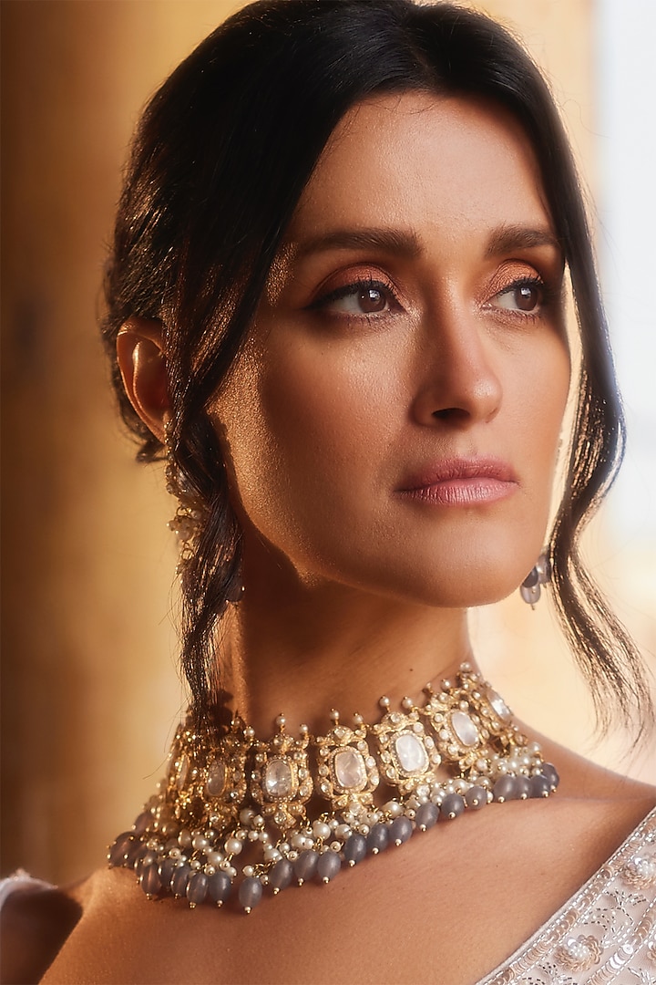 Gold Plated Kundan Polki Choker Necklace Set In Sterling Silver by OSVAG INDIA at Pernia's Pop Up Shop