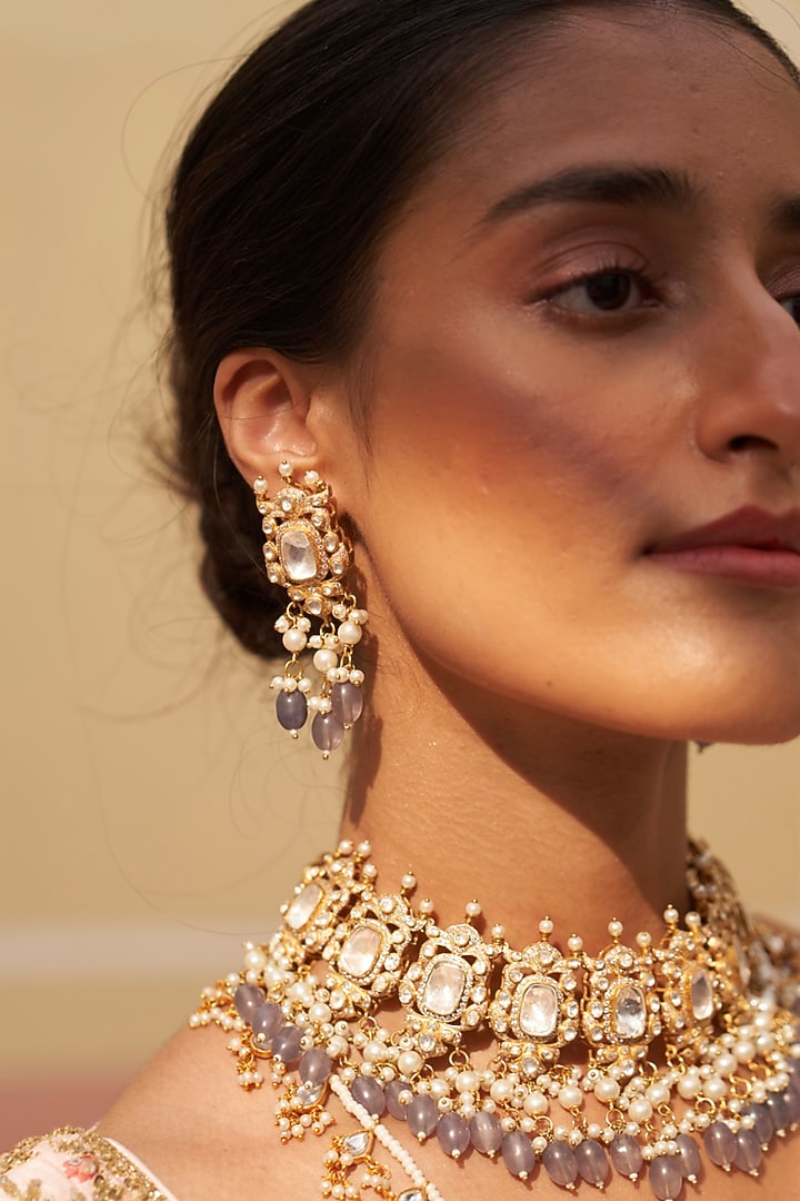 Gold Plated Kundan Polki Choker Necklace Set In Sterling Silver by OSVAG INDIA at Pernia's Pop Up Shop