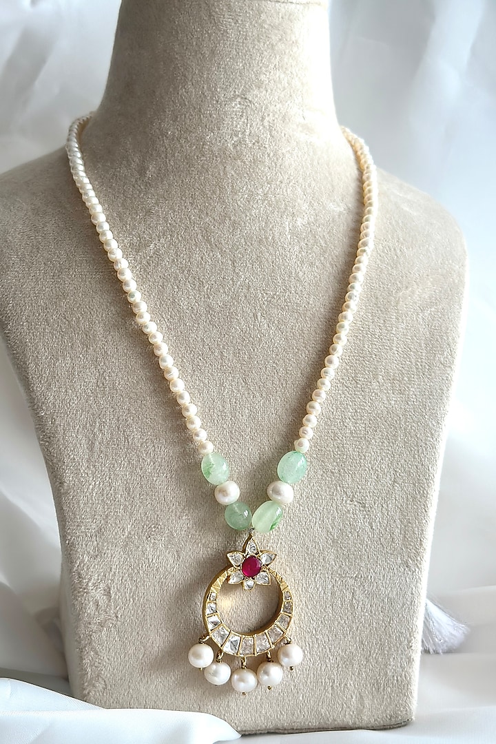 Gold Plated Kundan Polki Pendant Necklace In Sterling Silver by OSVAG INDIA at Pernia's Pop Up Shop