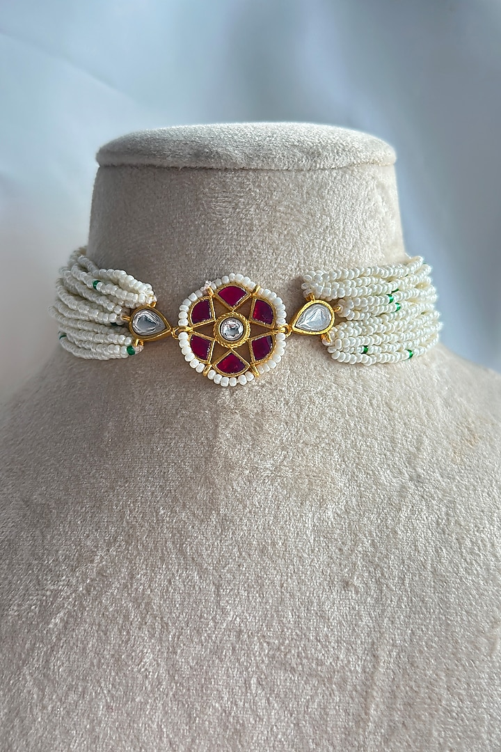 Gold Plated Kundan Polki Choker Necklace In Sterling Silver by OSVAG INDIA at Pernia's Pop Up Shop