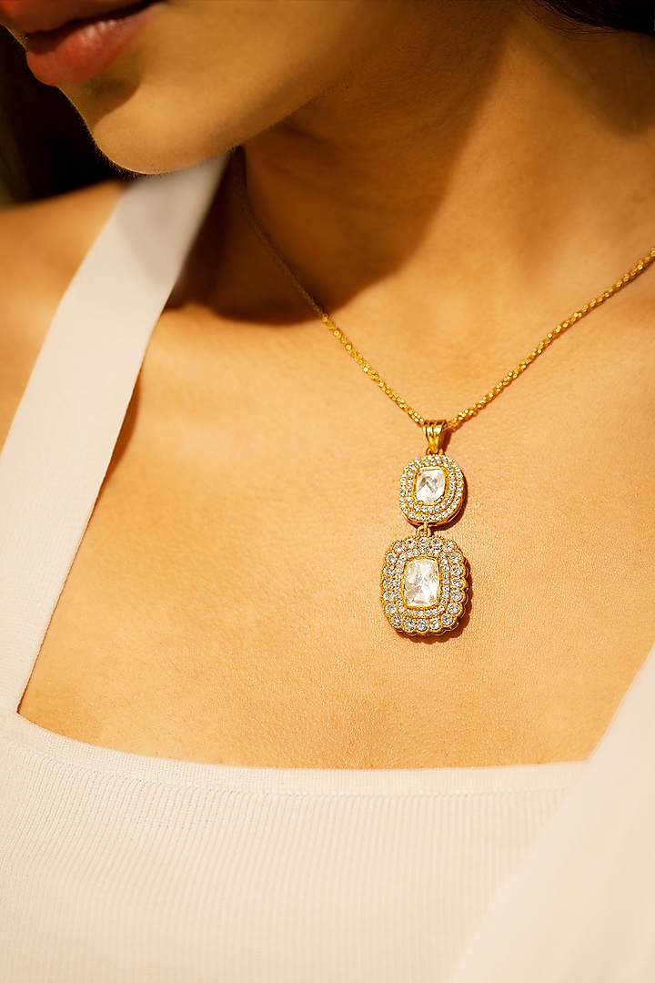 Gold Plated Kundan Polki Pendant Necklace In Sterling Silver by OSVAG INDIA at Pernia's Pop Up Shop
