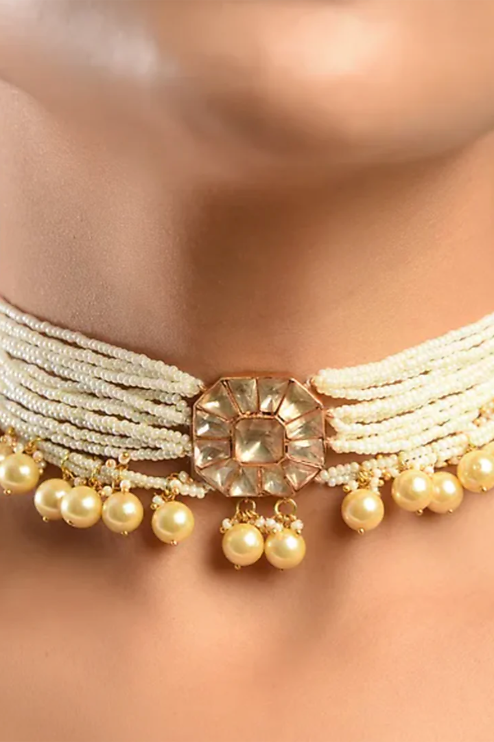 Gold Plated Kundan Polki Choker Necklace In Sterling Silver by OSVAG INDIA at Pernia's Pop Up Shop