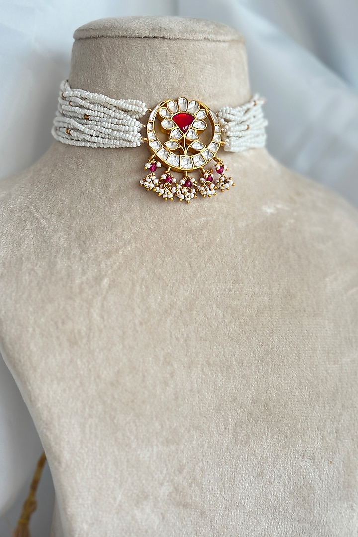 Gold Plated Kundan Polki Choker Necklace In Sterling Silver by OSVAG INDIA at Pernia's Pop Up Shop