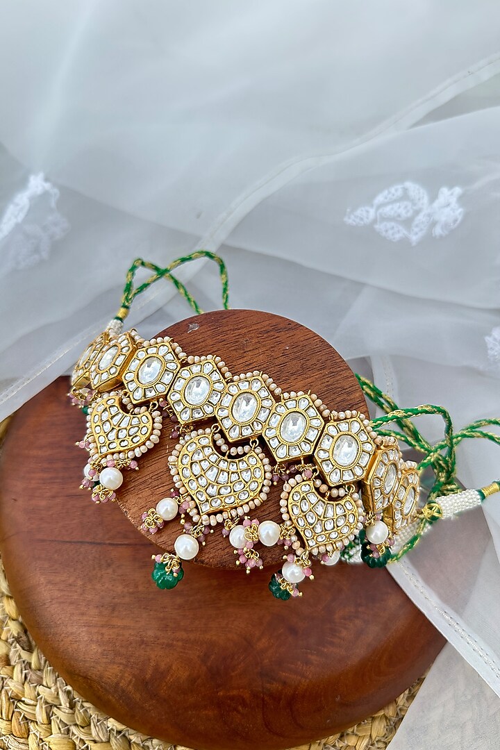 Gold Plated Kundan Polki Choker Necklace Set In Sterling Silver by OSVAG INDIA at Pernia's Pop Up Shop