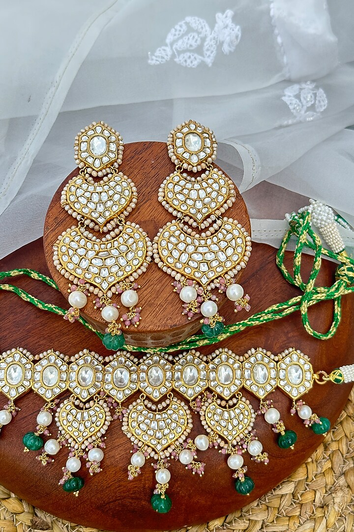 Gold Plated Kundan Polki Choker Necklace Set In Sterling Silver by OSVAG INDIA at Pernia's Pop Up Shop