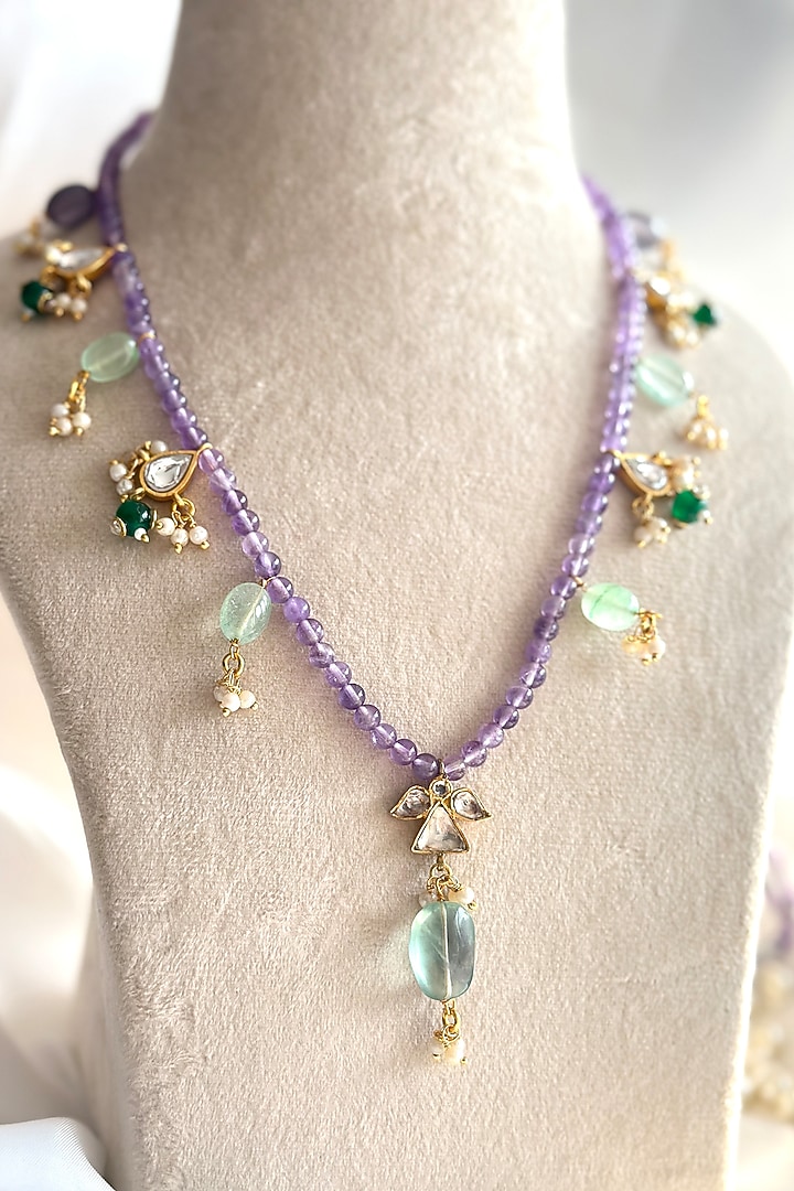 Gold Plated Kundan Polki Long Necklace In Sterling Silver by OSVAG INDIA at Pernia's Pop Up Shop