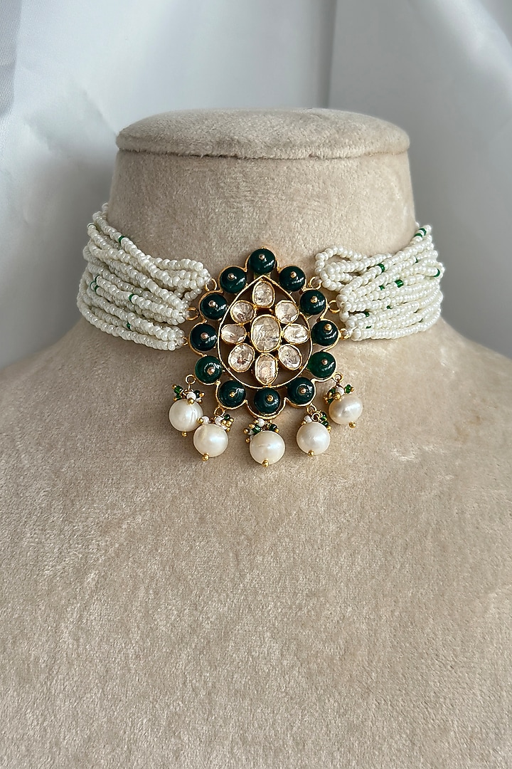 Gold Plated Kundan Polki Choker Necklace In Sterling Silver by OSVAG INDIA at Pernia's Pop Up Shop