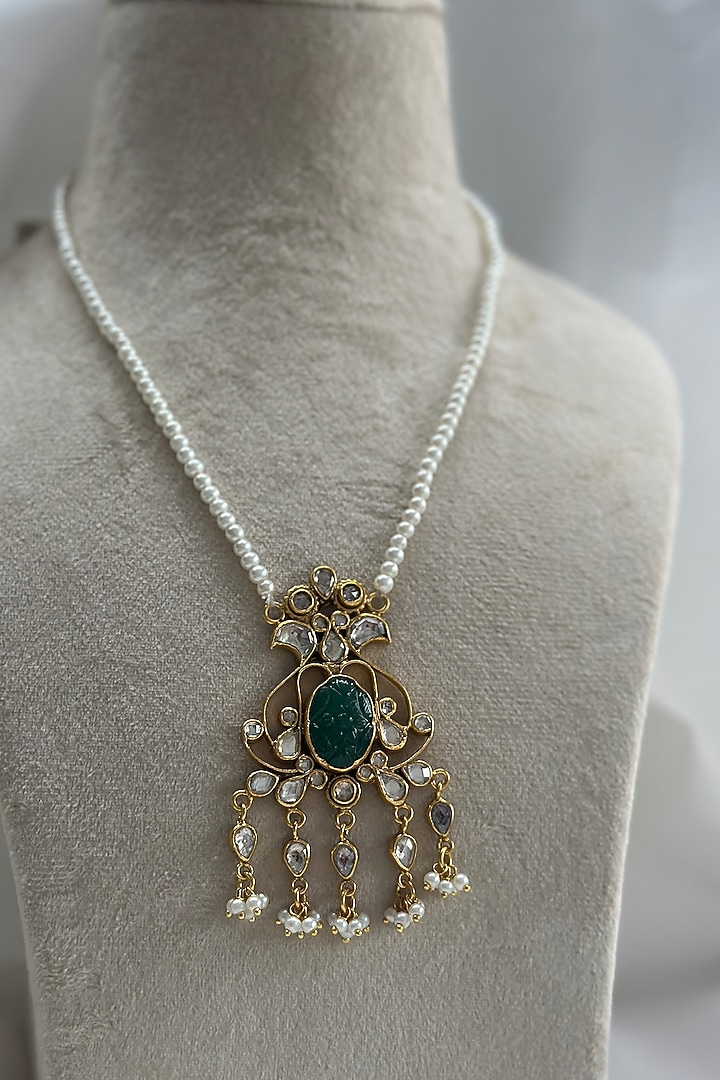 Gold Plated Kundan Polki Pendant Necklace In Sterling Silver by OSVAG INDIA at Pernia's Pop Up Shop