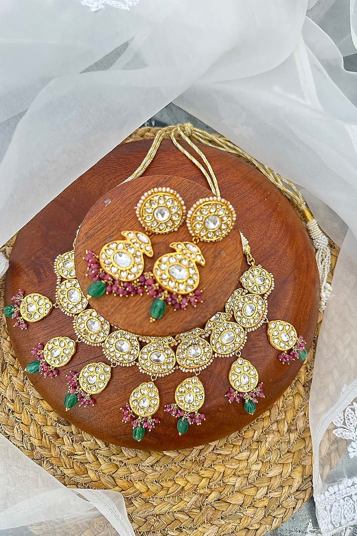 Gold Plated Kundan Polki Necklace Set In Sterling Silver by OSVAG INDIA at Pernia's Pop Up Shop