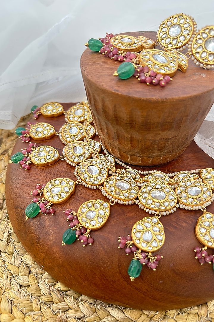 Gold Plated Kundan Polki Necklace Set In Sterling Silver by OSVAG INDIA at Pernia's Pop Up Shop